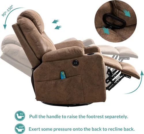 Vista 7 de MEETWARM Silla reclinable giratoria de masaje ergonómica con calor, silla reclinable mecedora manual mecedora giratoria de 360° con 4