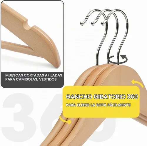 Vista 2 de Perchas de madera para uso diario, perchas para armario, perchas de madera resistente para trajes, camisas, chaquetas, vestidos, pantalones