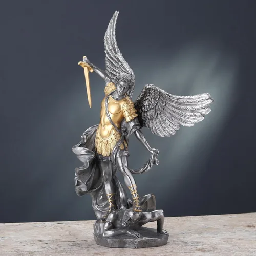 Vista 5 de Veronese Design 14 5/8 pulgadas Saint Michael pisotea la escultura de resina de demonio fundido en frío estatua de acabado de peltre