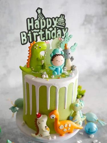 Vista 4 de Juego de 9 adornos para tartas con temática de dinosaurio, dinosaurios, cactus y decoración de pastel de feliz cumpleaños