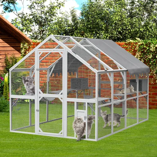 Vista 13 de Catio grande de madera para exteriores de 110 pulgadas, recintos para gatos al aire libre, cubierta resistente a la intemperie, dos puertas