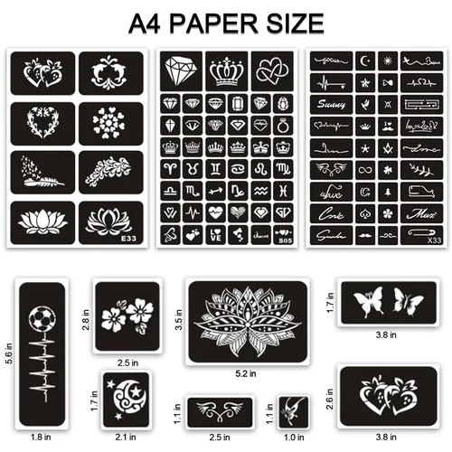 Vista 4 de Plantillas temporales de tatuaje para mujeres, niñas y niños, más de 410 piezas, kit de plantillas de tatuaje de henna, plantillas temporales