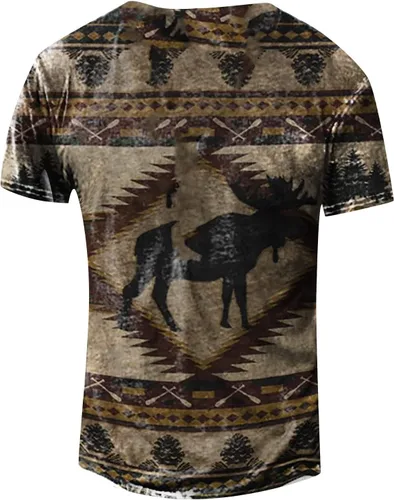 Vista 2 de Blusas elásticas de manga corta para hombre, con estampado gráfico y bordado, cuello redondo, con botones, 9 marrón claro