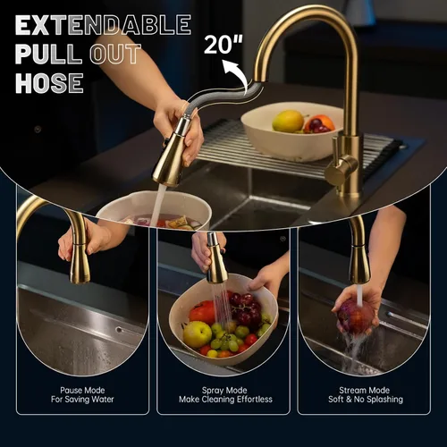Vista 3 de APPASO Grifo de cocina dorado con dispensador de jabón, grifos de fregadero de acero inoxidable S304 de una sola manija con rociador desplegable