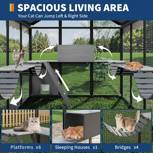 Vista 3 de Garvee Gran recinto para gatos al aire libre para múltiples gatos, resistente a la intemperie con cubierta UV, plataforma y puerta lateral