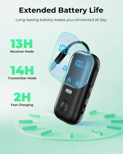 Vista 4 de Receptor transmisor Bluetooth 5.4 aptX adaptativo para 2 AirPods/auriculares, adaptador de audio Bluetooth 2 en 1 con micrófono y pantalla LED