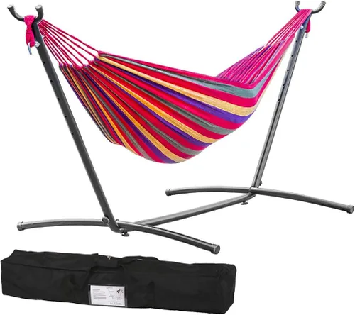 Vista 7 de Soporte para hamaca de acero ahorrador de espacio, 9 pies, portátil con funda de transporte, ideal para el aire libre, Azul