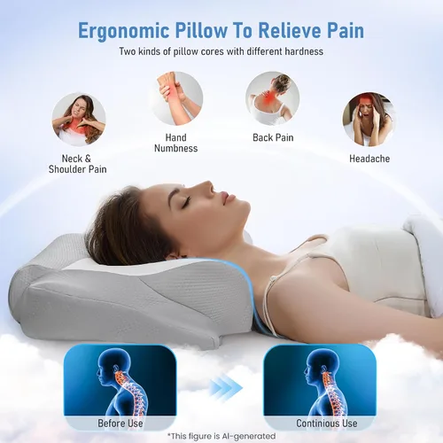 Vista 3 de Almohada cervical para aliviar el dolor de cuello, almohada de espuma viscoelástica de contorno con funda de almohada transpirable y refrescante