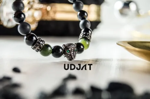 Vista 6 de Udjat Pulsera de cabeza de leopardo de pantera negra de la suerte, jade elástico hecho a mano, pulseras de chakras para mujer, pulsera de jade
