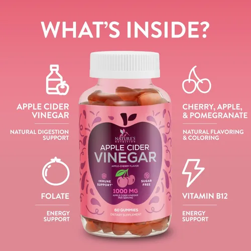 Vista 6 de Gomitas de vinagre de sidra de manzana, 1000 mg por porción, suplemento de vitaminas ACV sin azúcar, vitamina B12 y B6 para energía, soporte
