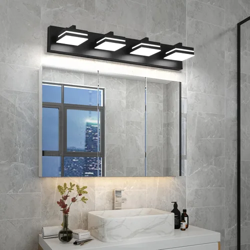 Vista 6 de Joossnwell Luz de Tocador de Baño (4 Luces, 26.77 Pulgadas) Luminarias de Baño Negras Sobre Espejo LED Iluminación Moderna de Tocador Luces de Baño