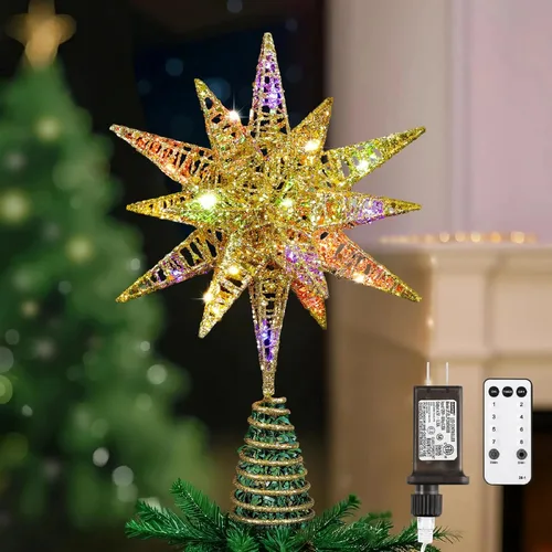 Vista 10 de Lewondr Decoración para árbol de Navidad, decoración de árbol de Navidad con forma de estrella en 3D con diseño de explosión de estrellas, control