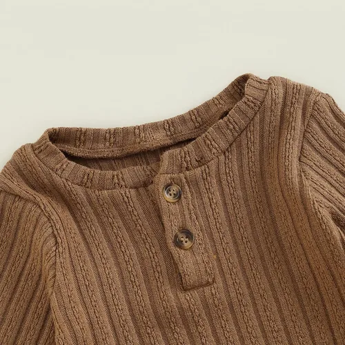 Vista 5 de Conjunto de ropa para bebé recién nacido, conjunto de ropa acanalada para bebé, otoño e invierno, mameluco de color liso con pantalones largos