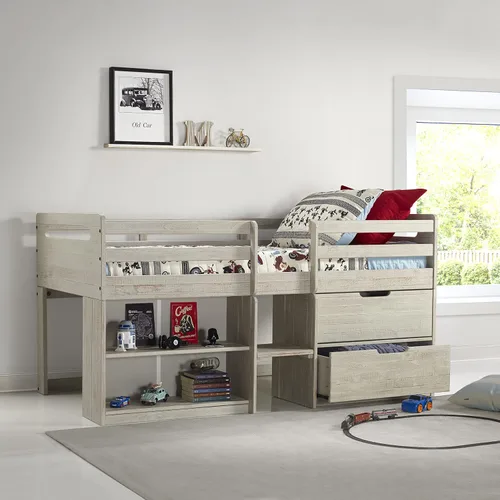 Vista 6 de Donco Kids Cama tipo loft baja individual con estantería y baúl de almacenamiento, individual, gris claro rústico