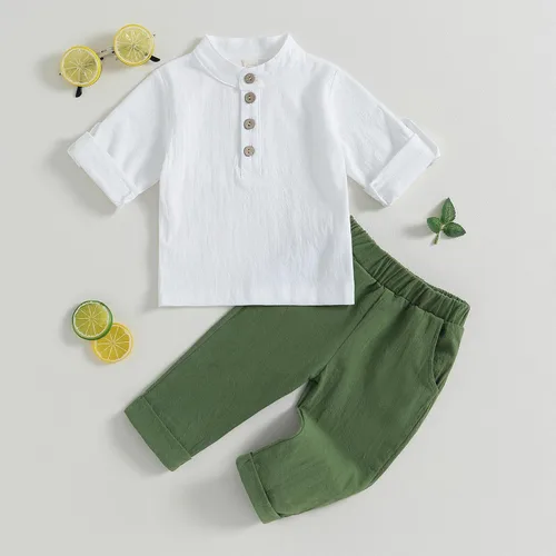 Vista 2 de Karuedoo Conjunto de camisas Henley de algodón y lino con botones y pantalones casuales para bebé niño
