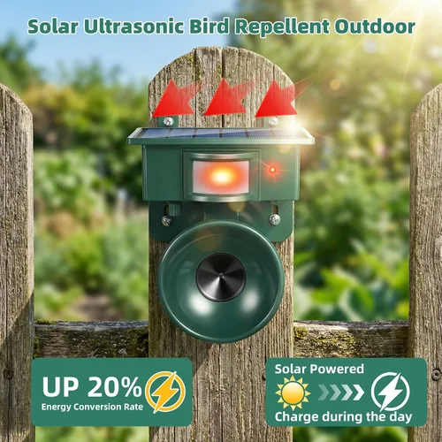 Vista 4 de Repelente ultrasónico de pájaros mejorado 2026 alimentado por energía solar IP65 activado por movimiento IP65 disuasorio para exteriores