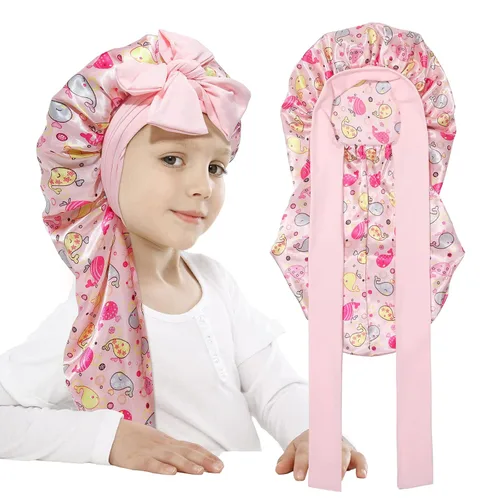 Vista 21 de AWAYTR Gorro de satén para niñas con trenzas de pelo largo para dormir Negro