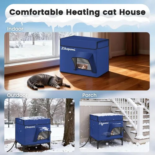 Vista 5 de Zikopomi Casa climatizada para gatos para exteriores con base elevada, casa para gatos al aire libre con 2 puertas de escape seguras, diseño