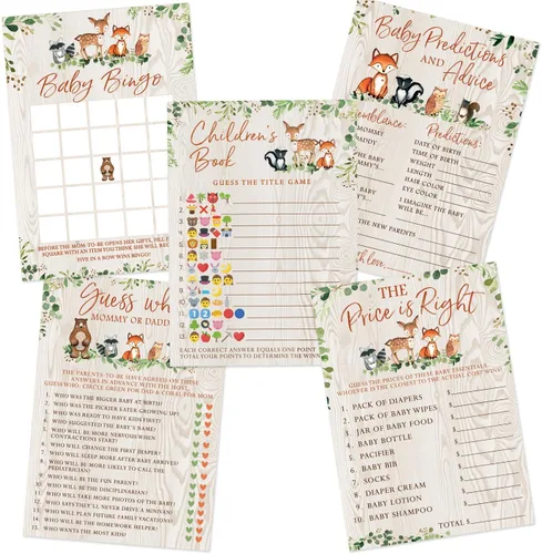 Vista 8 de Printed Party Predicciones y consejos para baby shower, animales del bosque, 50 tarjetas