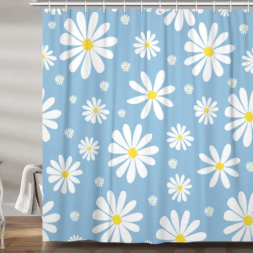 Vista 11 de Cortina de ducha con diseño floral de margaritas azules para caravana, remolque, baño, lindo juego de cortinas de ducha de tela estrecha y corta