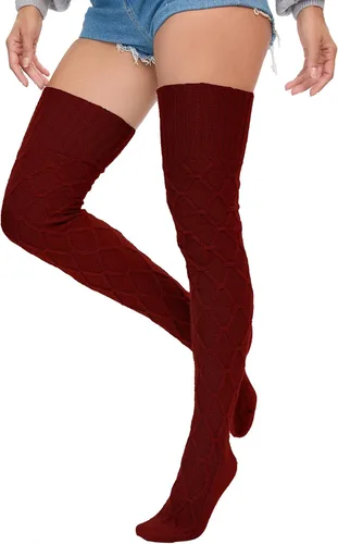 Vista 3 de YELAIVP Calcetines altos de punto trenzado para mujer, calcetines por encima de la rodilla, calentadores de piernas extra largos