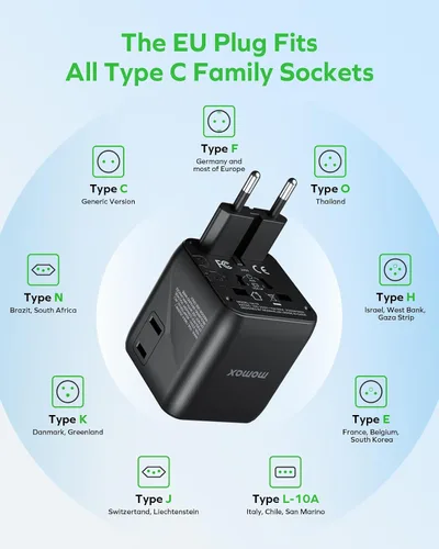 Vista 6 de MOMAX Mini Adaptador Universal de Viaje Mundial, 2 AC, Adaptador de Enchufe de Viaje Europeo Completo Reino Unido, Elementos Esenciales de Viaje