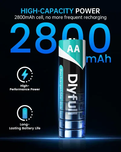 Vista 2 de DLYPOW Paquete de 4 baterías AA recargables con 2800mAh de alta capacidad 1.2 V AA y sin fugas de larga duración