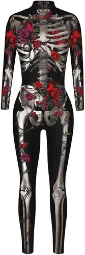 Vista 3 de CUEPANDA Disfraz de Halloween para mujer, disfraz de esqueleto, overol de manga larga con estampado 3D de calavera, traje de cosplay