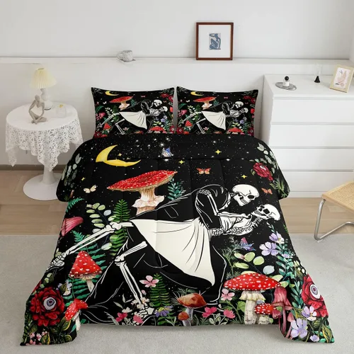 Vista 31 de Juego de edredón de champiñones para niños, tamaño individual, juego de ropa de cama romántica con sol, luna, cielo estrellado y galaxia, decoración