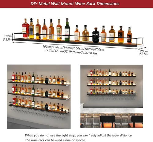 Vista 2 de Estante de metal para vino montado en la pared con luces LED, estantes flotantes de bar de 3 niveles con estante para copas de vino, estante grande