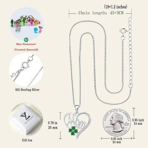 Vista 6 de YL Collar de corazón para mamá de plata de ley con colgante de trébol de amor, joyería para mujer