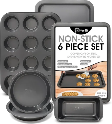 Vista 9 de Perlli Juego de 10 moldes para hornear antiadherentes de acero al carbono, gris para horno, 2 hojas de galletas, 2 moldes redondos para pasteles