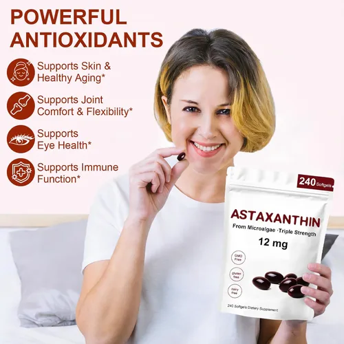 Vista 4 de Astaxantina 12 mg, 240 cápsulas blandas, suplementos antioxidantes de astaxantina premium, apoya los ojos, la piel, inmune, circulación interna, sin