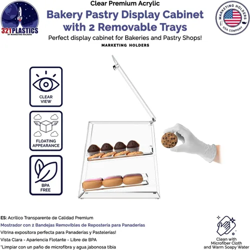 Vista 3 de Marketing Holders Cubo de exhibición de pastelería con puerta de 10.25 x 11.5 x 11 pulgadas para productos horneados con 2 bandejas extraíbles