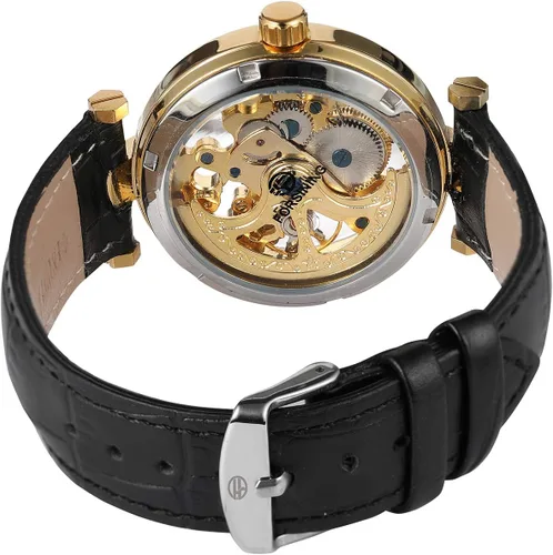 Vista 4 de Reloj automático para hombre, estilo Steampunk, de bronce, esqueleto de cuero, reloj de pulsera de cuerda automática CH8160G, CH8160G, moda, casual