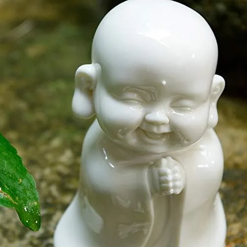 Vista 7 de Kingzhuo Juego de 3 estatuas de monje de Buda sonriente de cerámica, figuras de porcelana blanca, adornos de muñecas coleccionables felices, figuras