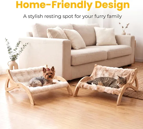 Vista 8 de Cama elevada para gatos de interior, bonita hamaca para gatos en forma de pata, con cómodo cojín lavable, muebles de madera maciza para mascotas