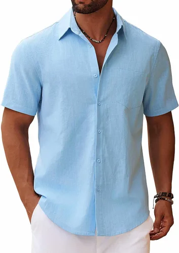 Vista 15 de COOFANDY Camisa de manga corta con botones para hombre, casual, de algodón, para verano, playa, lino, para boda, con bolsillo