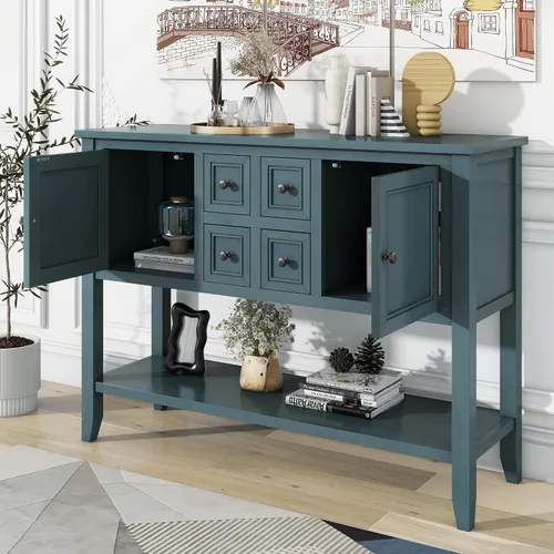 Vista 4 de Merax Mesa de buffet de madera con estante de almacenamiento, 2 cajones y armarios, gabinete de barra de café para sala de estar, comedor, cocina
