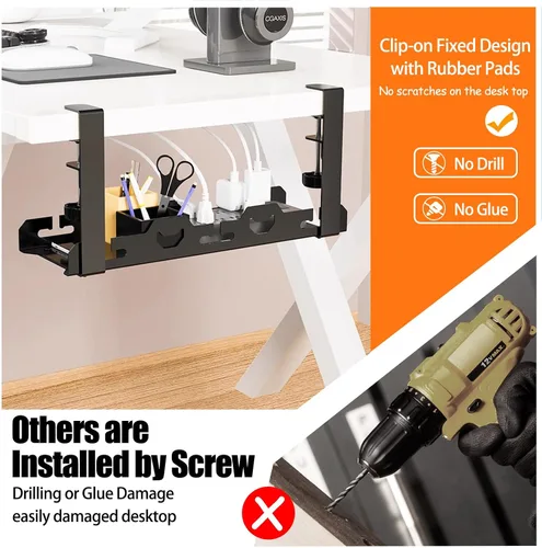 Vista 6 de BYMECOST Bandeja de gestión de cables doble sin taladrar debajo del escritorio, extensible de acero resistente para debajo del escritorio, bandeja