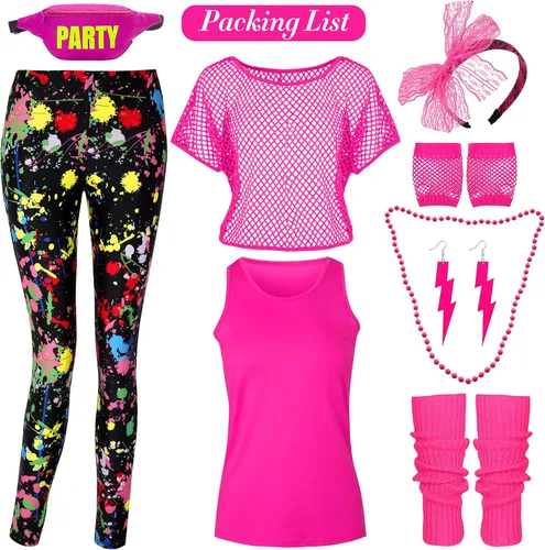 Vista 4 de CICOCI Traje de los años 80 y 90 para mujer, disfraz de los años 80 con accesorios de los años 80, calentador de piernas para fiesta retro