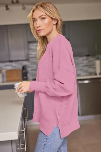 Vista 222 de Lillusory - Suéter extragrande con mangas de murciélago y cuello redondo para mujer, prenda moderna de otoño de tejido de punto sin botones
