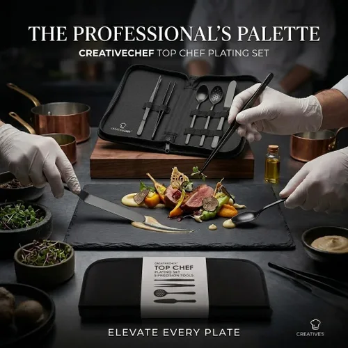 Vista 6 de CREATIVECHEF Kit de chapado profesional para chef, juego de chapado culinario de 5 piezas, plateado, acero inoxidable (5 piezas, plateado) (negro)