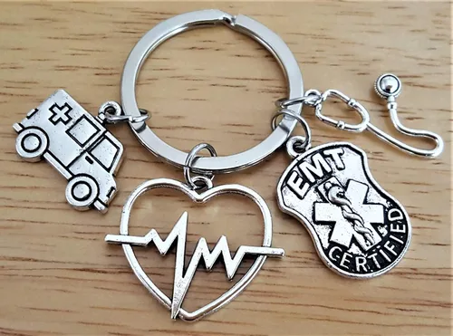 Vista 2 de EMT Medical Technician, EMT Keychain, ECG EKG Heartbeat, alerta médica, regalo EMT, ambulancia, estetoscopio, caduceo símbolo médico, regalo