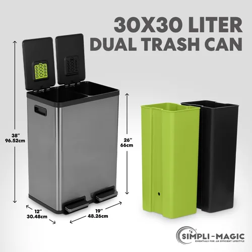 Vista 3 de SIMPLI-Magic Elegante bote de basura negro con pedal de 16 galones (60 litros), cubo de basura de cocina de doble compartimento con contenedores
