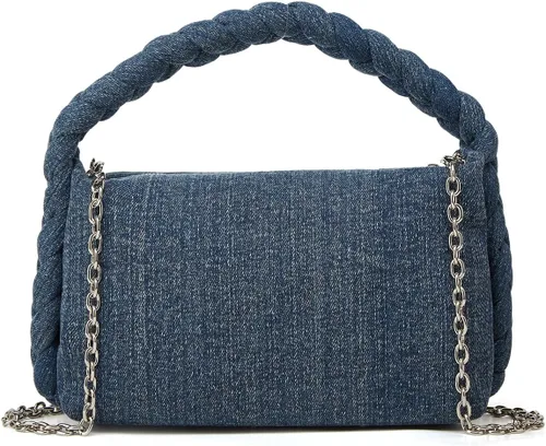 Vista 2 de Bolso de mezclilla vintage para mujer, bolso de mezclilla tejido con asa superior, bolso cruzado ligero de diseñador con cadena