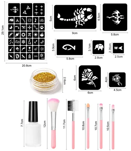 Vista 4 de Kit de tatuaje temporal con purpurina para maquillaje de niños, 30 purpurina corporal, 3 pegamento de purpurina, 5 hojas de plantillas de tatuajes