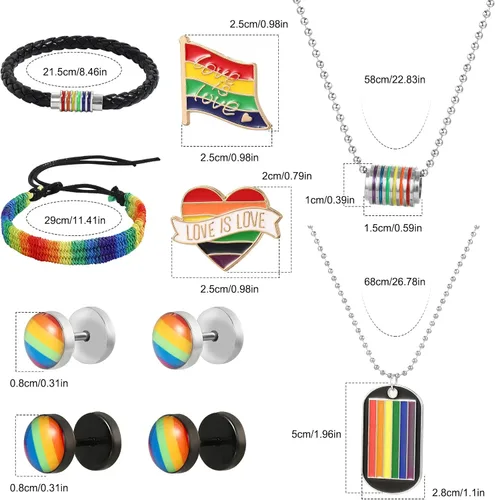 Vista 6 de BUREI Juego de joyas del orgullo, accesorios LGBTQ, pulseras de orgullo gay, collares de orgullo para parejas, aretes de arco iris, calcomanías