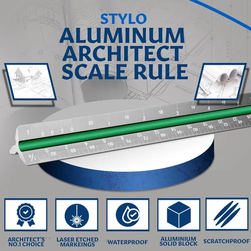 Vista 4 de Stylo Regla de escala de arquitecto de aluminio de 12" con grabado láser, regla triangular de dibujo, ranuras codificadas por color para planos, Gris