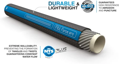 Vista 4 de FITT Force Pro Manguera de agua, manguera de jardín plana resistente ultra flexible duradera sin torceduras de grado comercial, gris y azul, 100